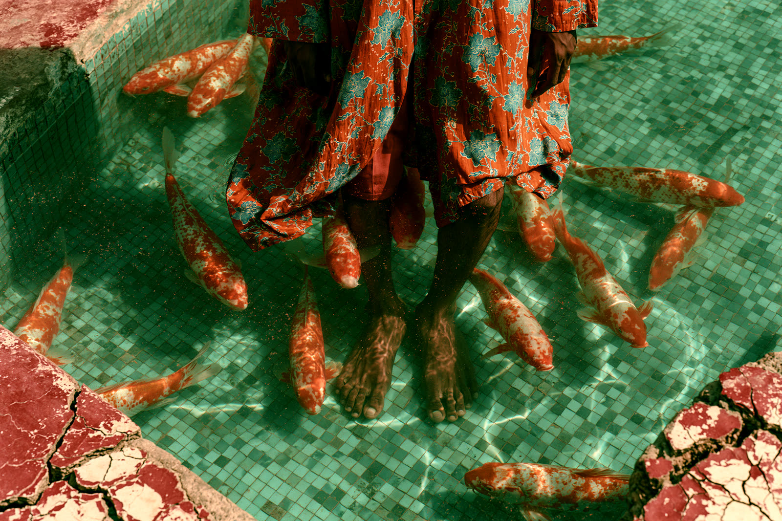 Two figures in batik among koi in a turquoise pool