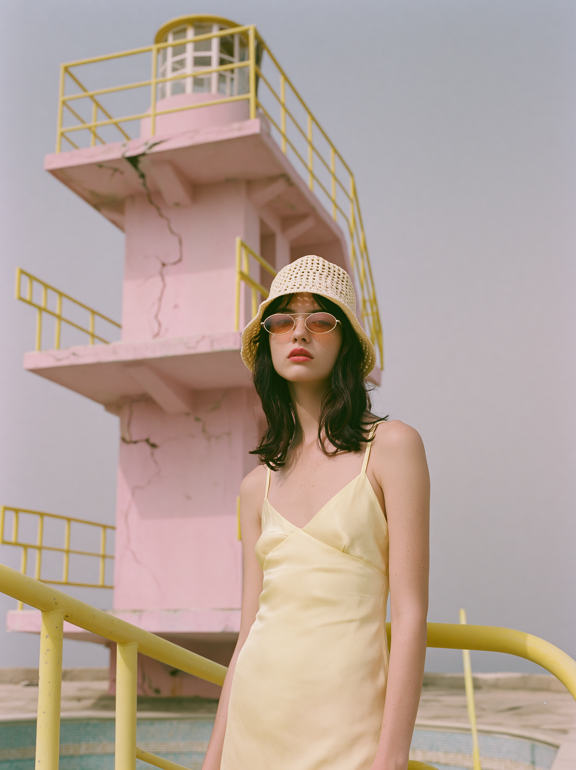 Model in a pale yellow slip dress before a cracked pink lifeguard tower