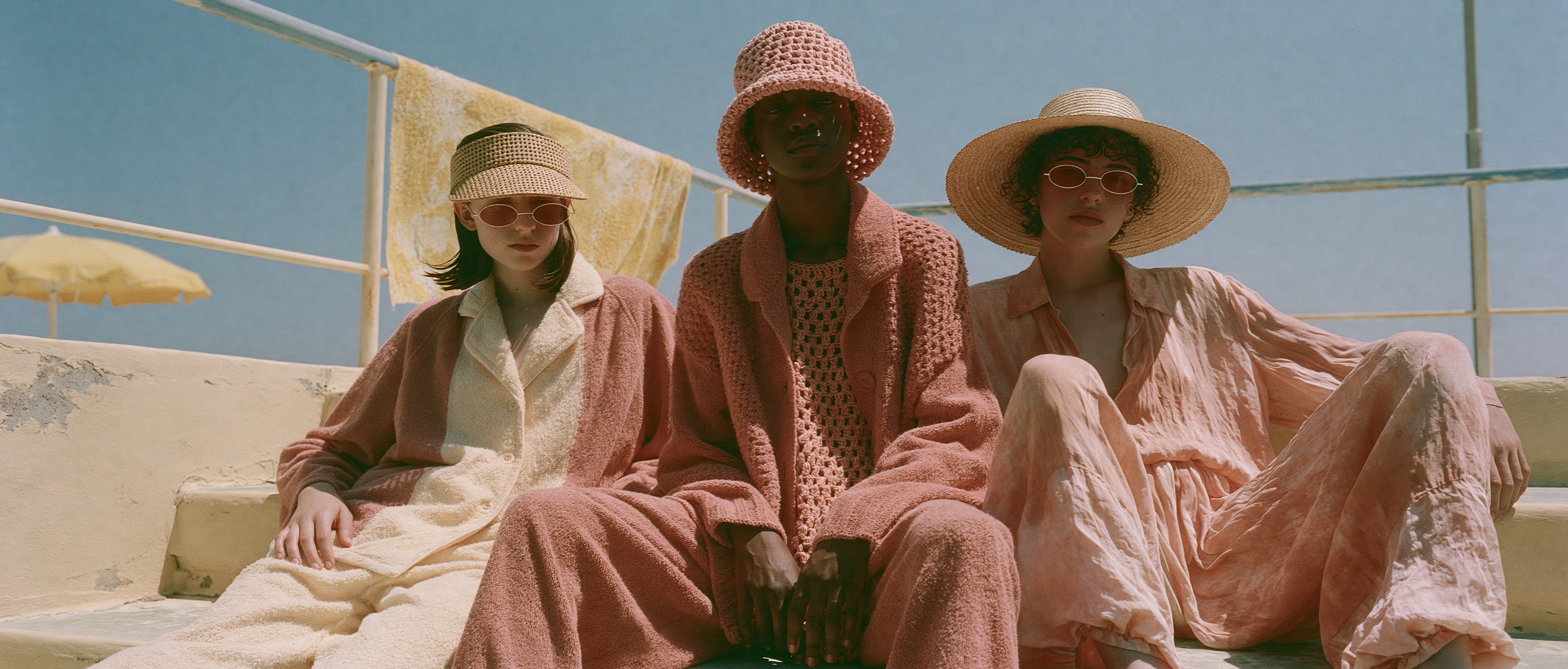 Three models in rose crochet and straw hats sitting on the lido steps
