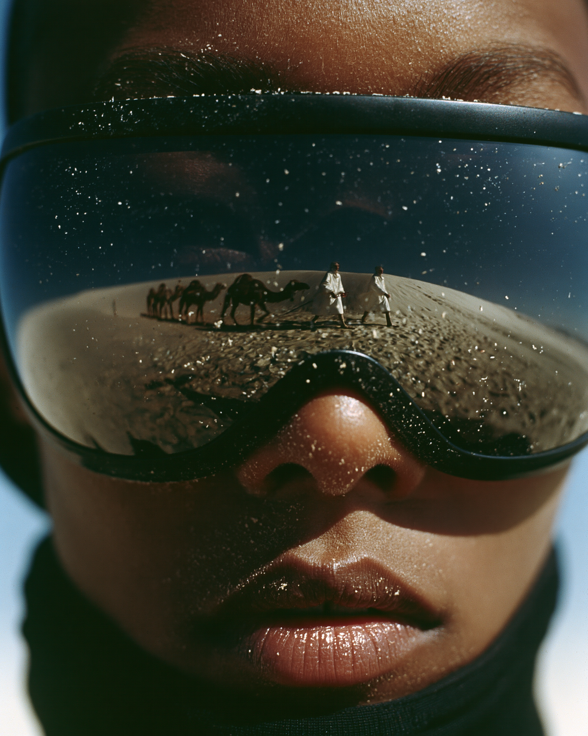 Extreme close-up of a sand-dusted visor reflecting a camel caravan