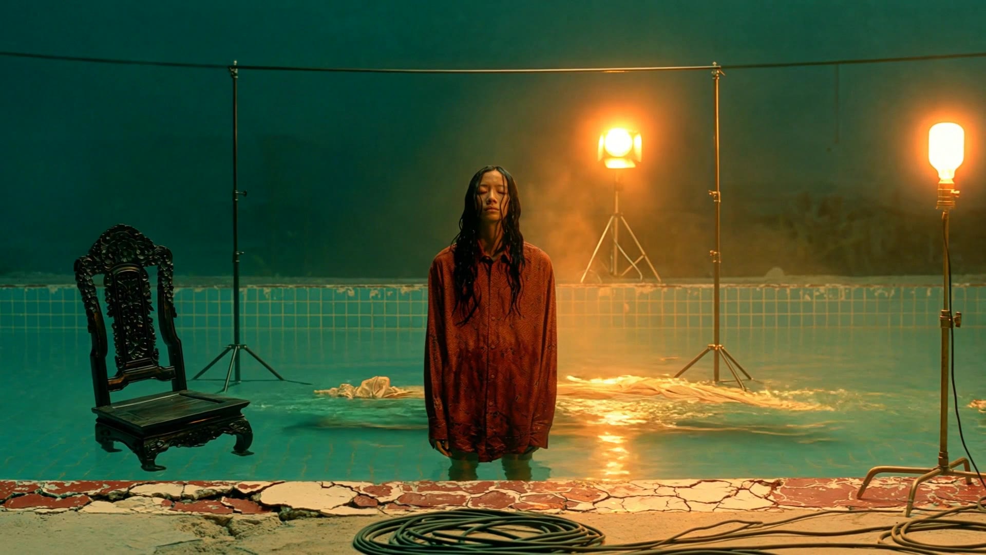 Film poster — a film lamp glows over a dusk pool set